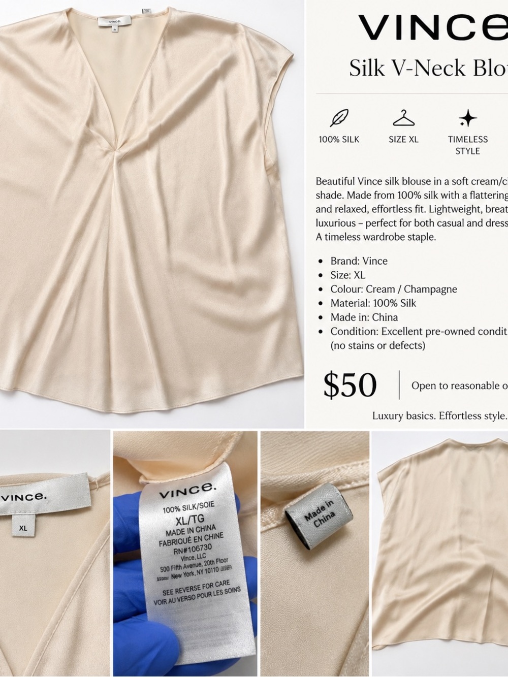 Vince Silk V-Neck Chemise in Cream
